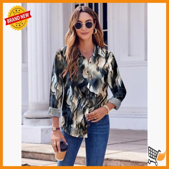 Floral Print Long Sleeve Button Down Blouse Business Casual Work Top - Picture 3 of 7